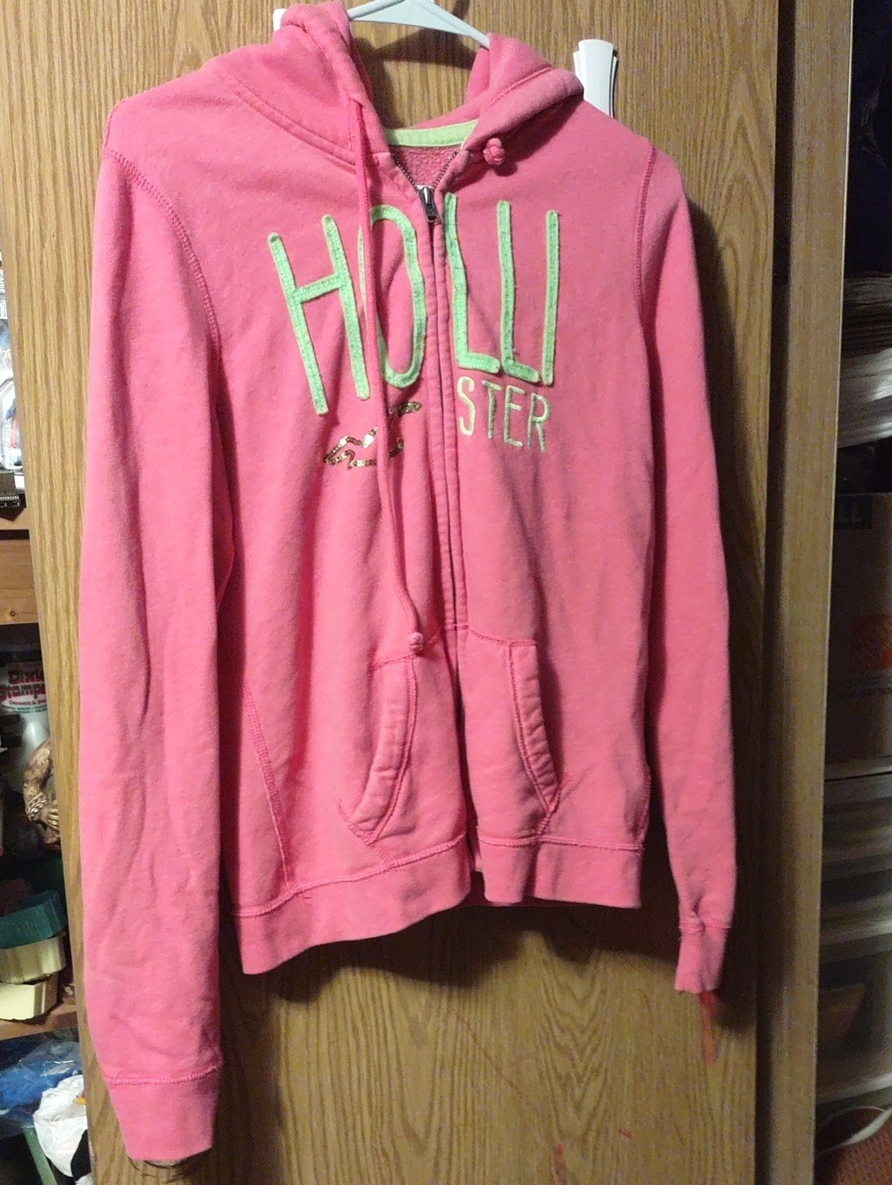 Hollister Pink Zip-Up Hoodie with Lime Logo Accent